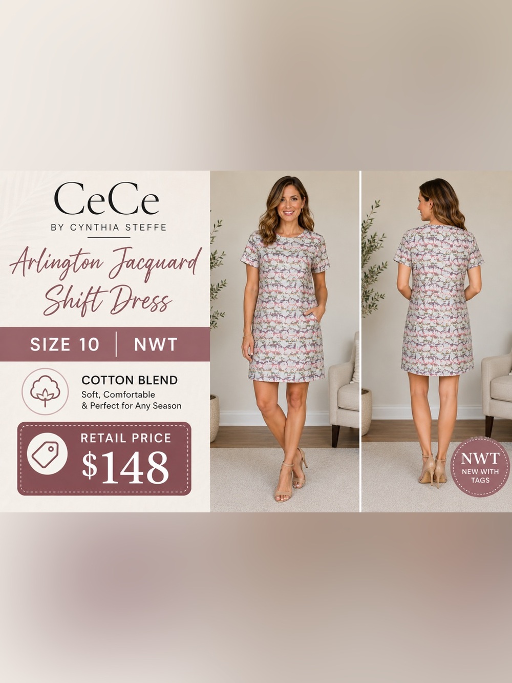 CeCe by Cynthia Steffe Arlington Jacquard Shift Dress Size 10 NWT